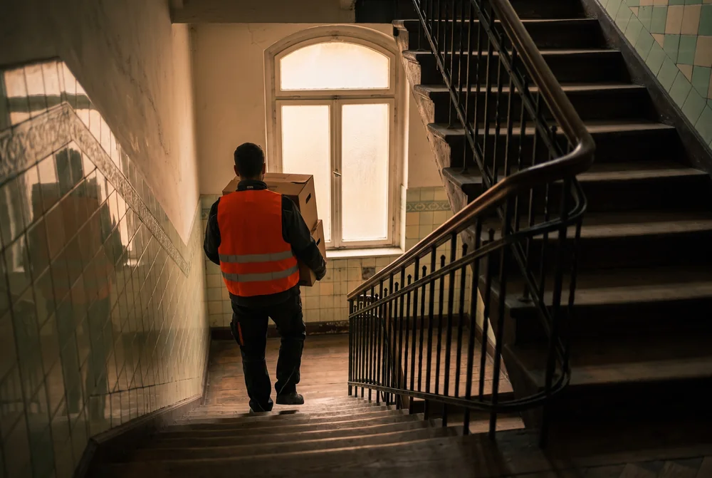 Mitarbeiter trägt Kartons durch ein Berliner Treppenhaus