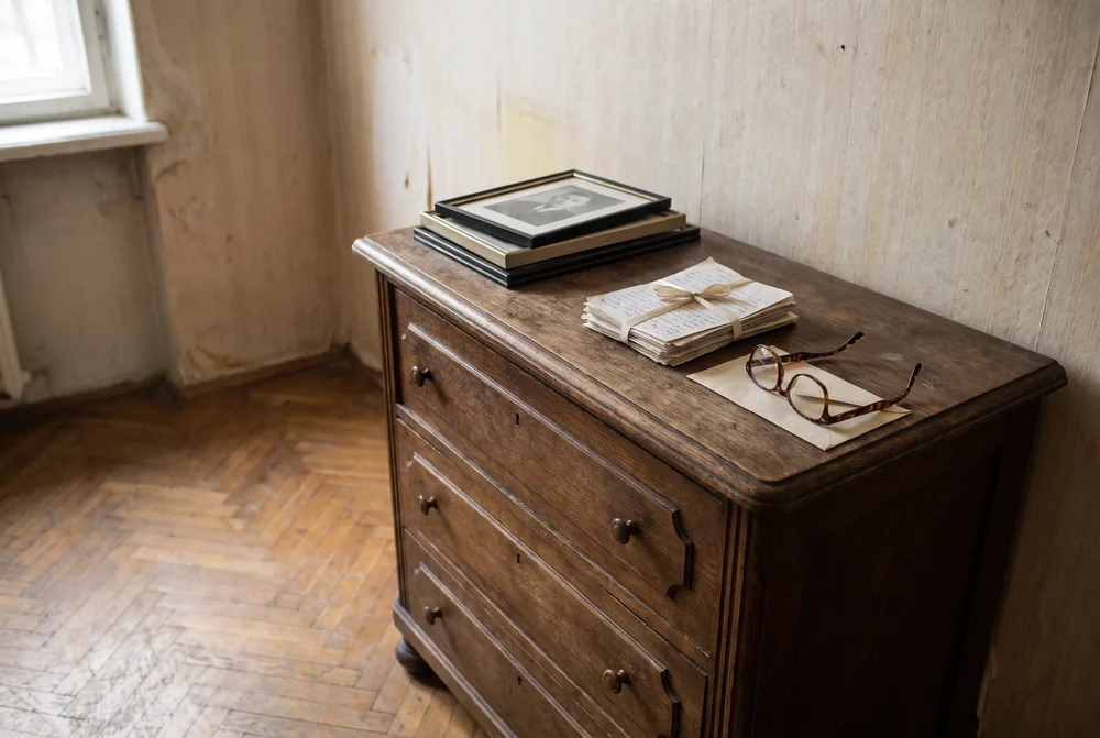 Kommode mit Fotos und Briefen in einer geräumten Wohnung